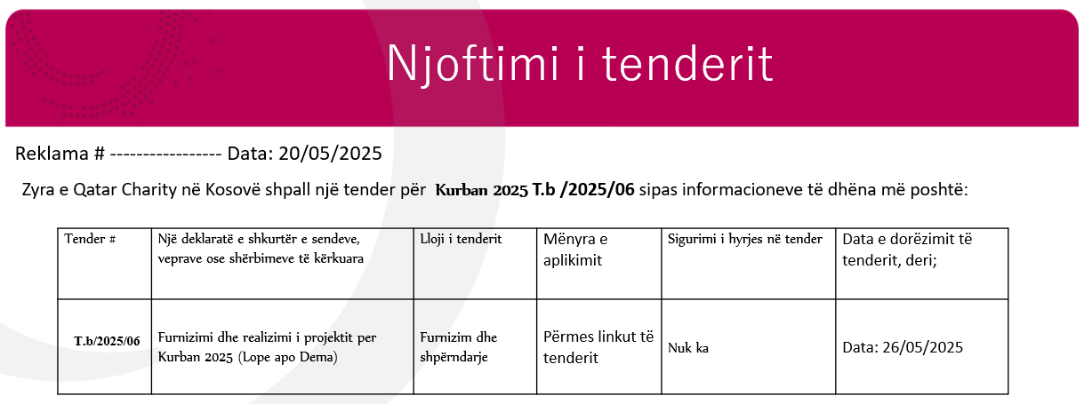 Shpallje: Tenderi per Kurban 2025 T.b /2025/06